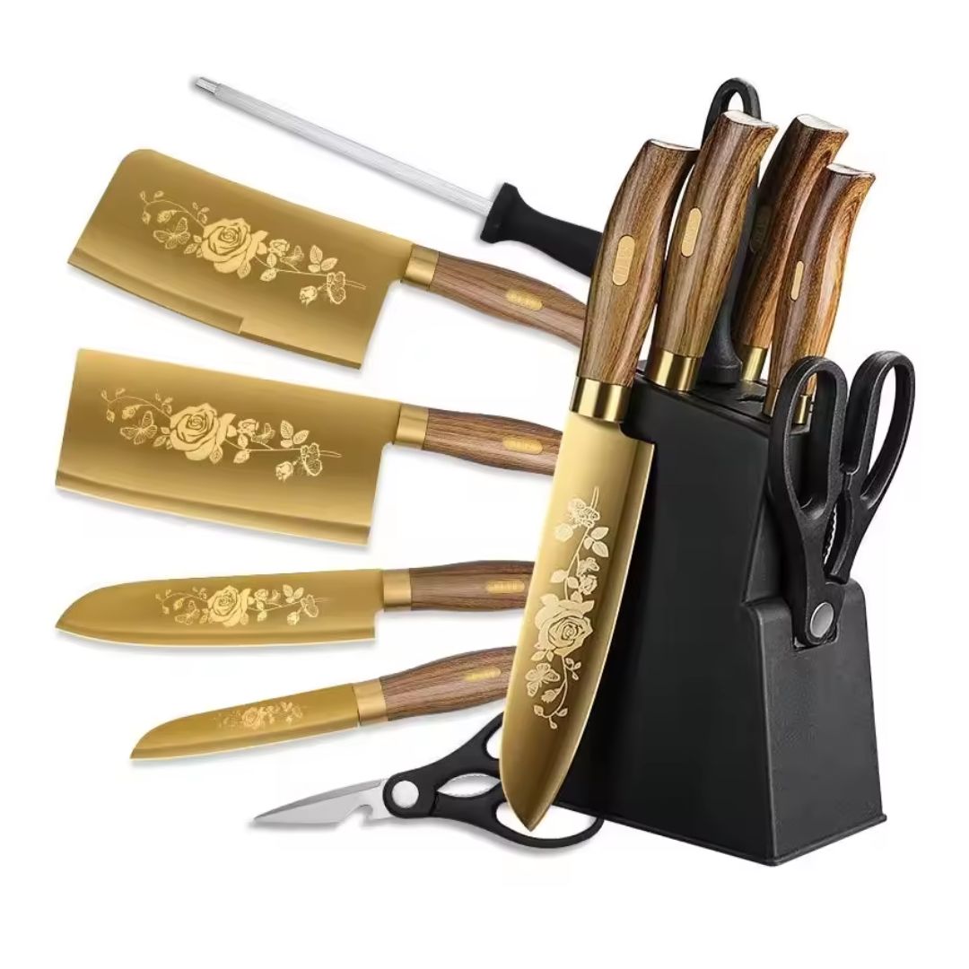 Dravon Titanium Nobreza Gold 7-Piece Chef's Knives Set with Stainless Steel Handle and Knife Holder