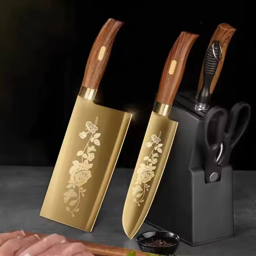 Dravon Titanium Nobreza Gold 7-Piece Chef's Knives Set with Stainless Steel Handle and Knife Holder