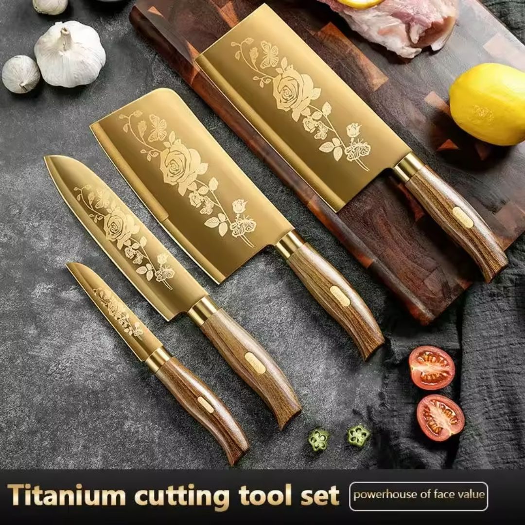 Dravon Titanium Nobreza Gold 7-Piece Chef's Knives Set with Stainless Steel Handle and Knife Holder