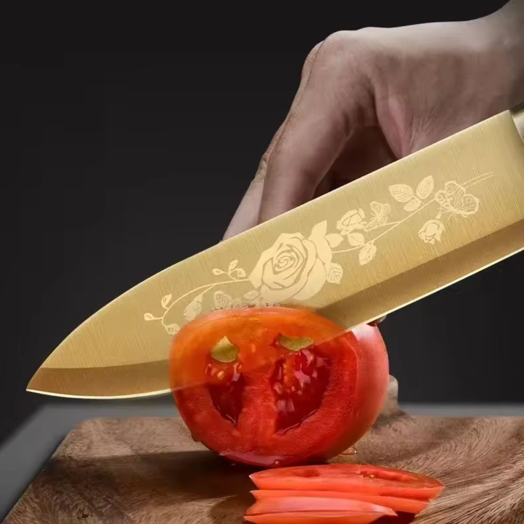 Dravon Titanium Nobreza Gold 7-Piece Chef's Knives Set with Stainless Steel Handle and Knife Holder