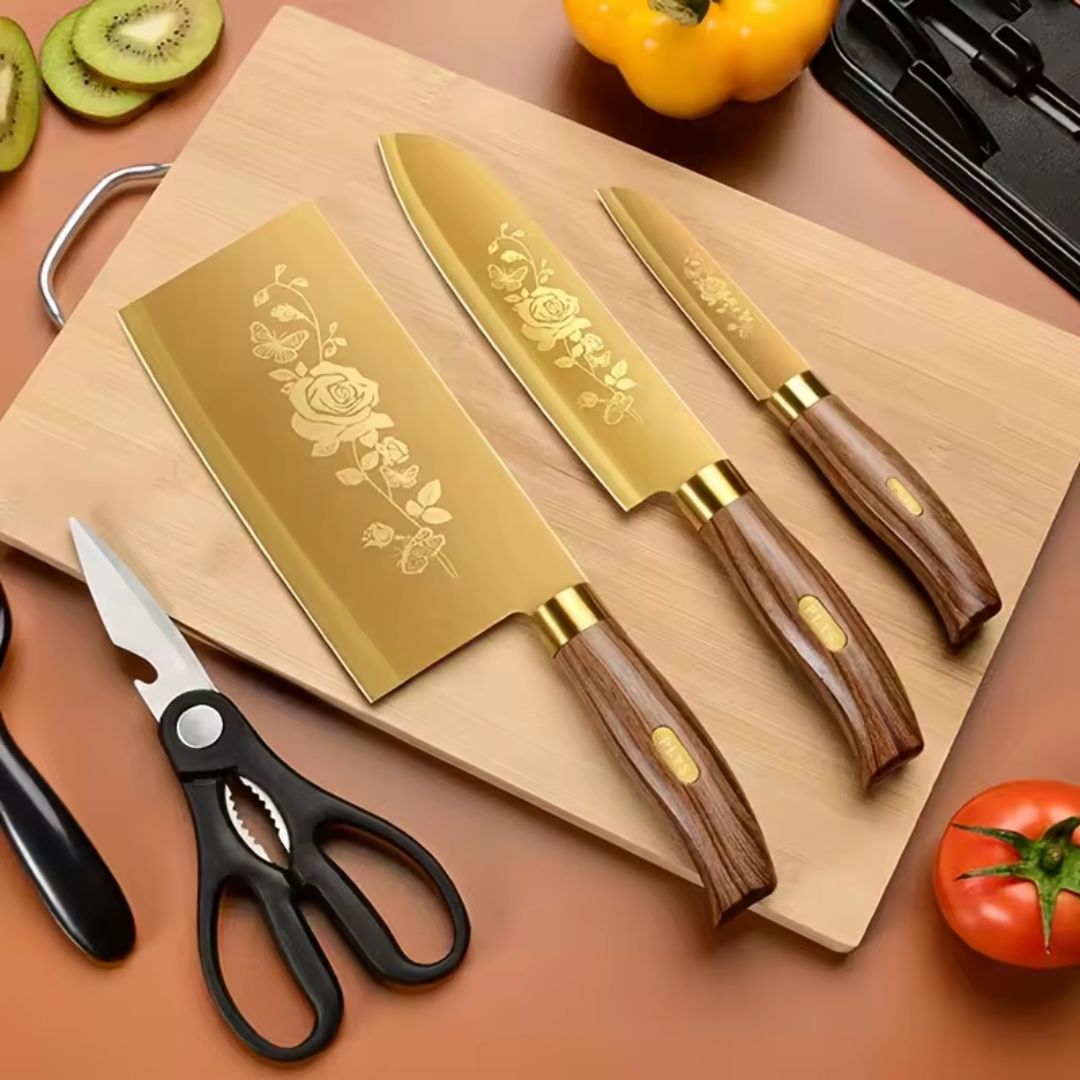 Dravon Titanium Nobreza Gold 7-Piece Chef's Knives Set with Stainless Steel Handle and Knife Holder