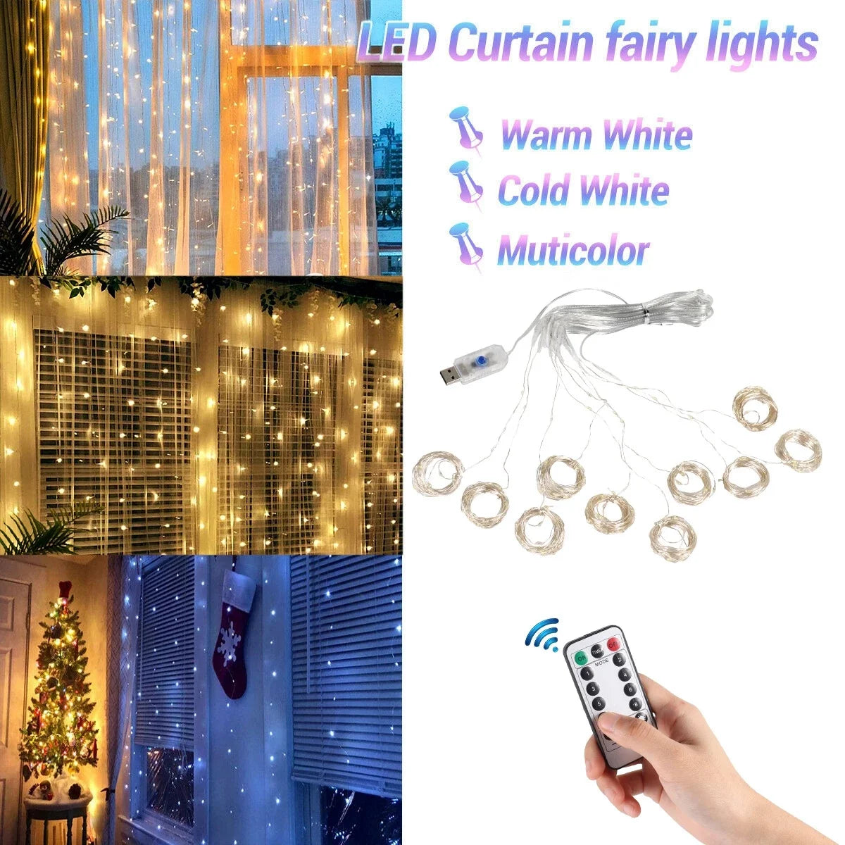 Christmas Curtain Fairy Lights – Festive Garland Decoration for Home 2025 & New Year