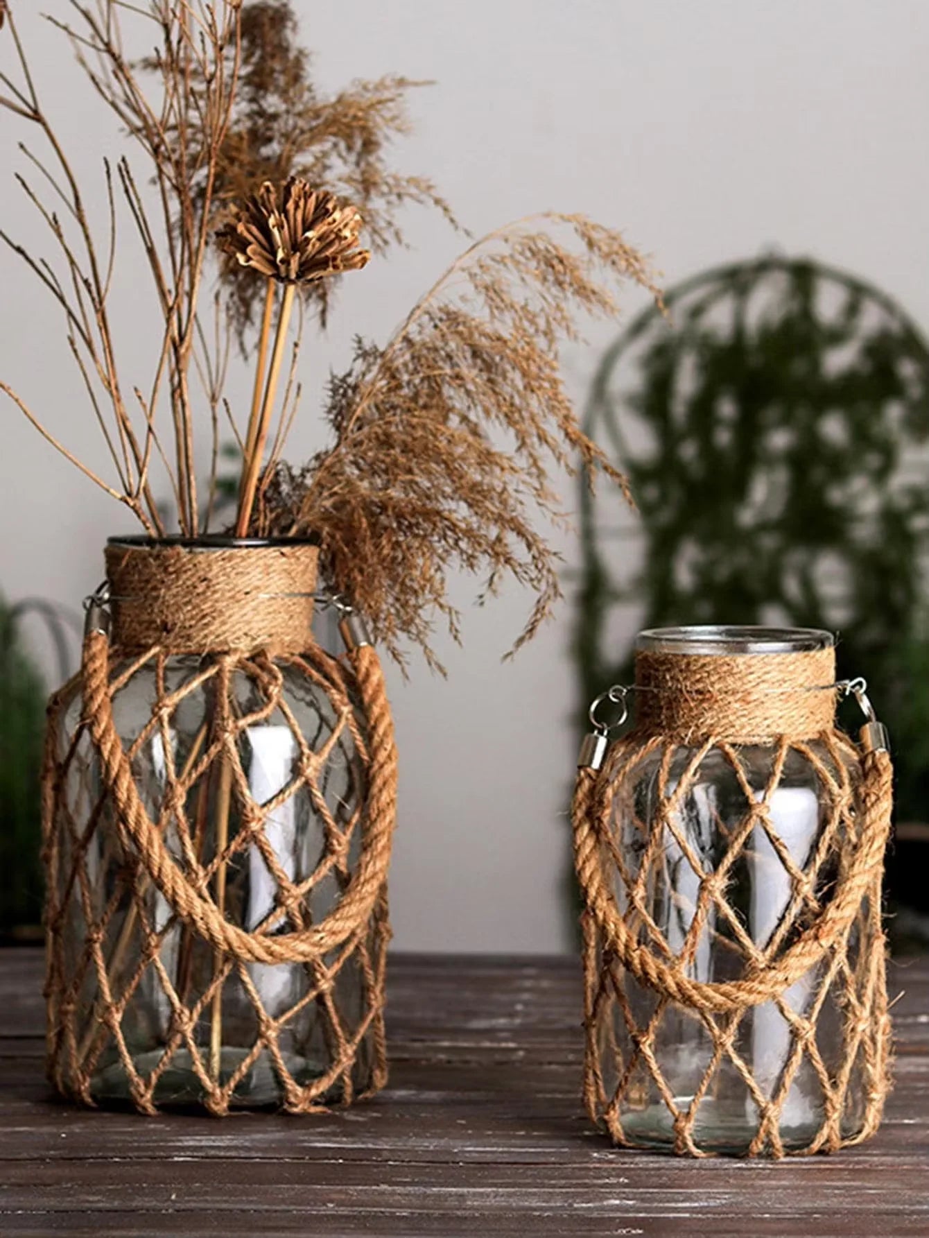 Rustic Hanging Glass Vase – Rope Net Flower Holder for Boho Home & Table Décor