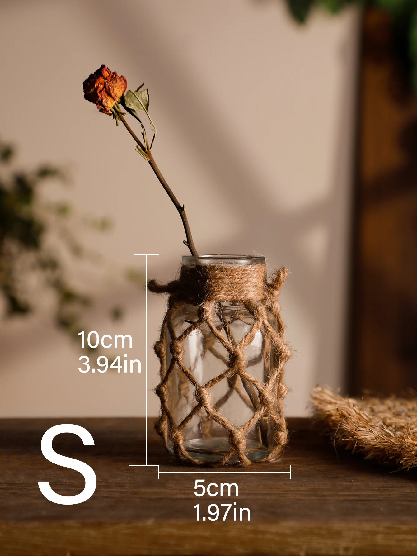 Rustic Hanging Glass Vase – Rope Net Flower Holder for Boho Home & Table Décor