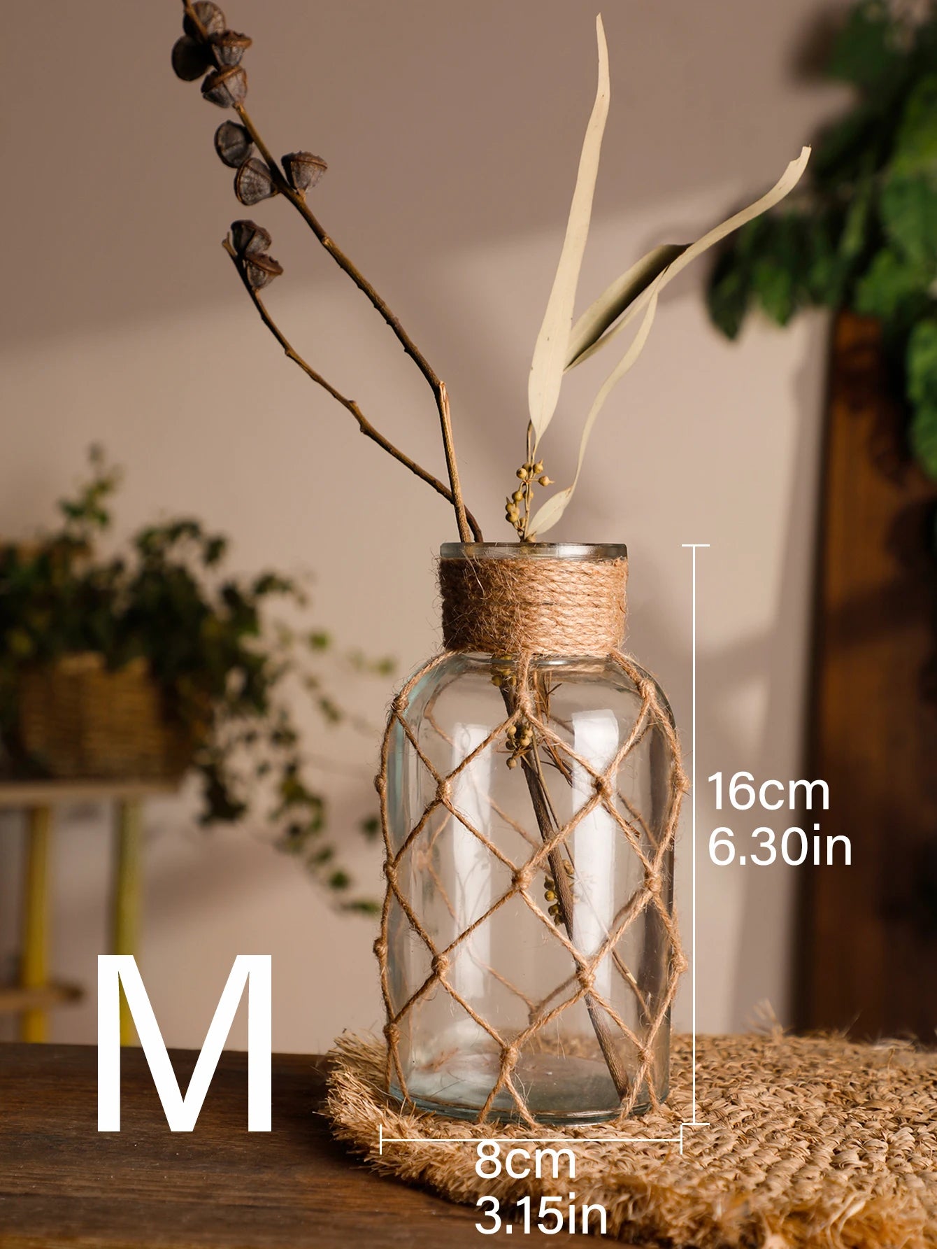 Rustic Hanging Glass Vase – Rope Net Flower Holder for Boho Home & Table Décor