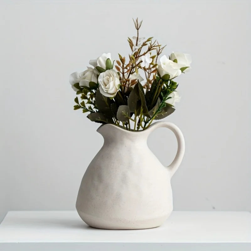 Rustic Ceramic Vase with Handle – Vintage Farmhouse Jug for Home & Table Décor